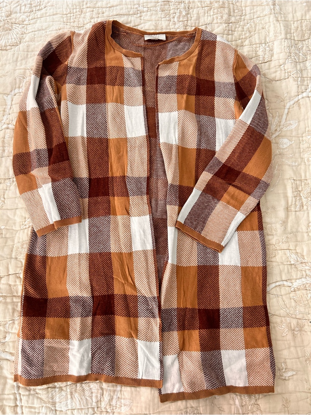 LOFT Open-Front Checked Longline Cardigan - Brown, Tan & White